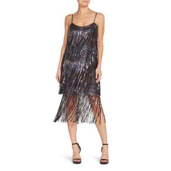 Dress the Population Sz. XS New Roxy Tiered Fringe Sequin Dress Holiday Party - Picture 1 of 16